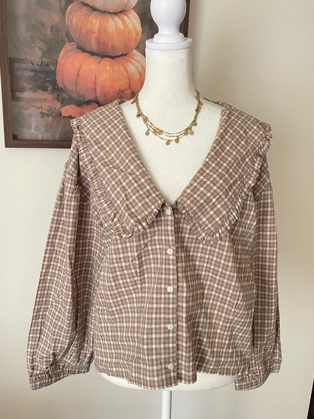 American Eagle Brown Plaid Statement Peter Pan Collar Blouse Top XXL New